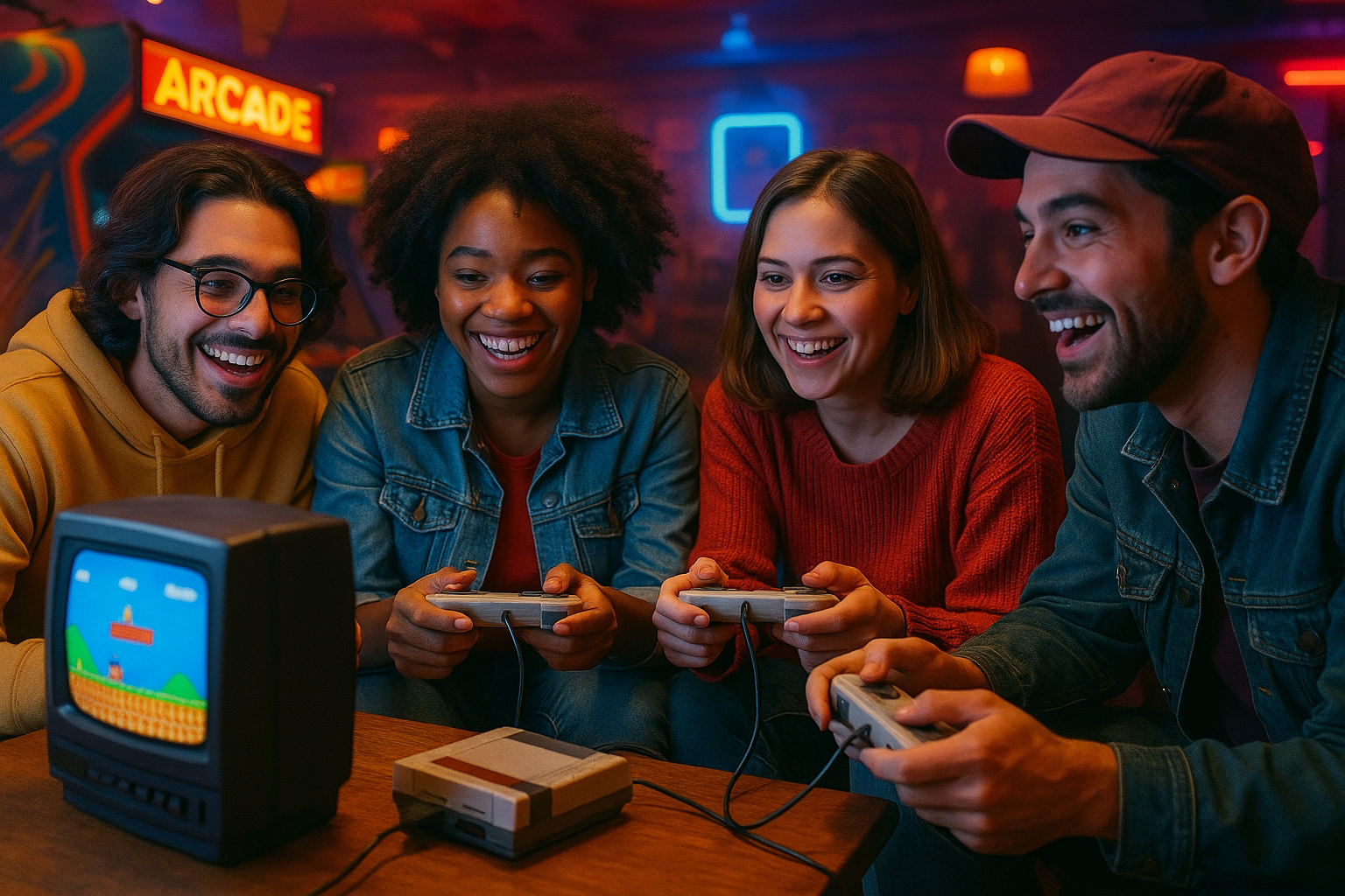 gente jugando videojuegos con una mini consola retro