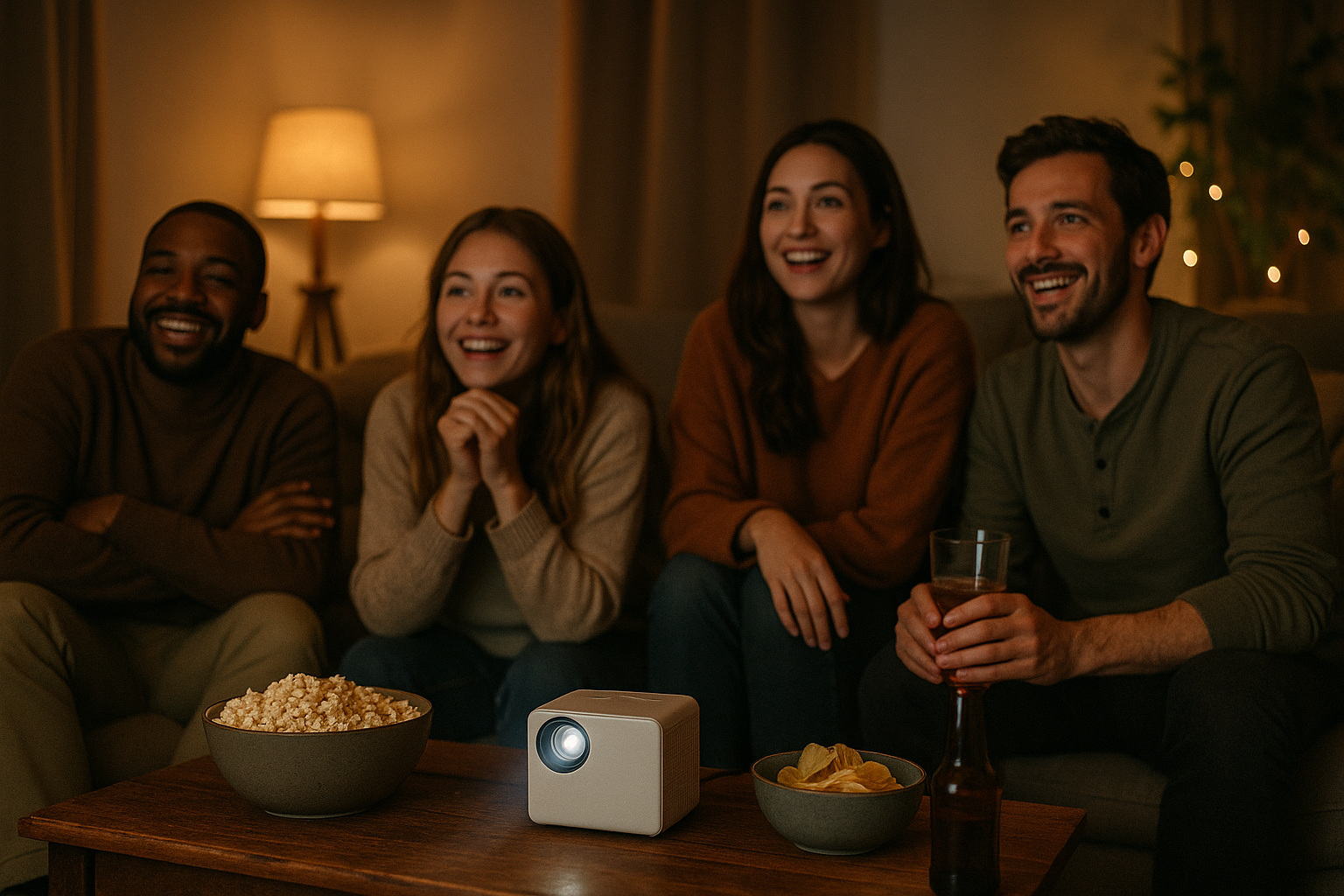 gente viendo peliculas proyectada por un mini proyector